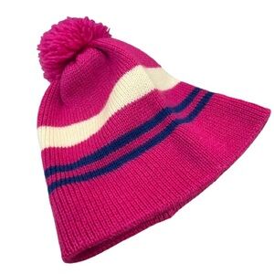Meister Vintage 100% New Wool Pink Pop-Pom Beanie Blue/White Stripes Fits S-M